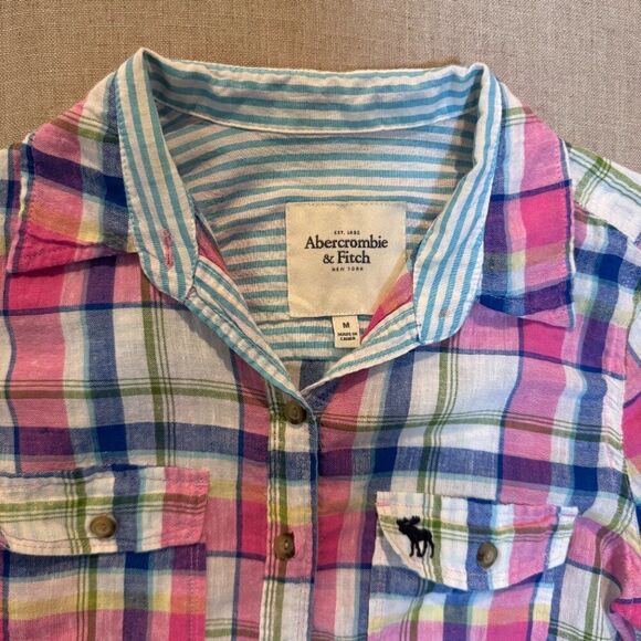 Abercrombie & Fitch Plaid Pink Y2K Linen Cotton Button Down Shirt Women’s Small - Picture 5 of 6